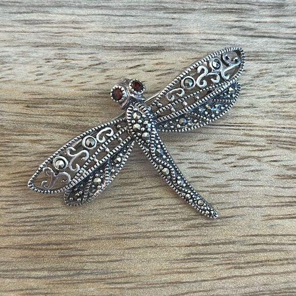 Vintage Dragonfly Sterling Silver 925 Marcasite & Crystal Pin - Picture 1 of 5